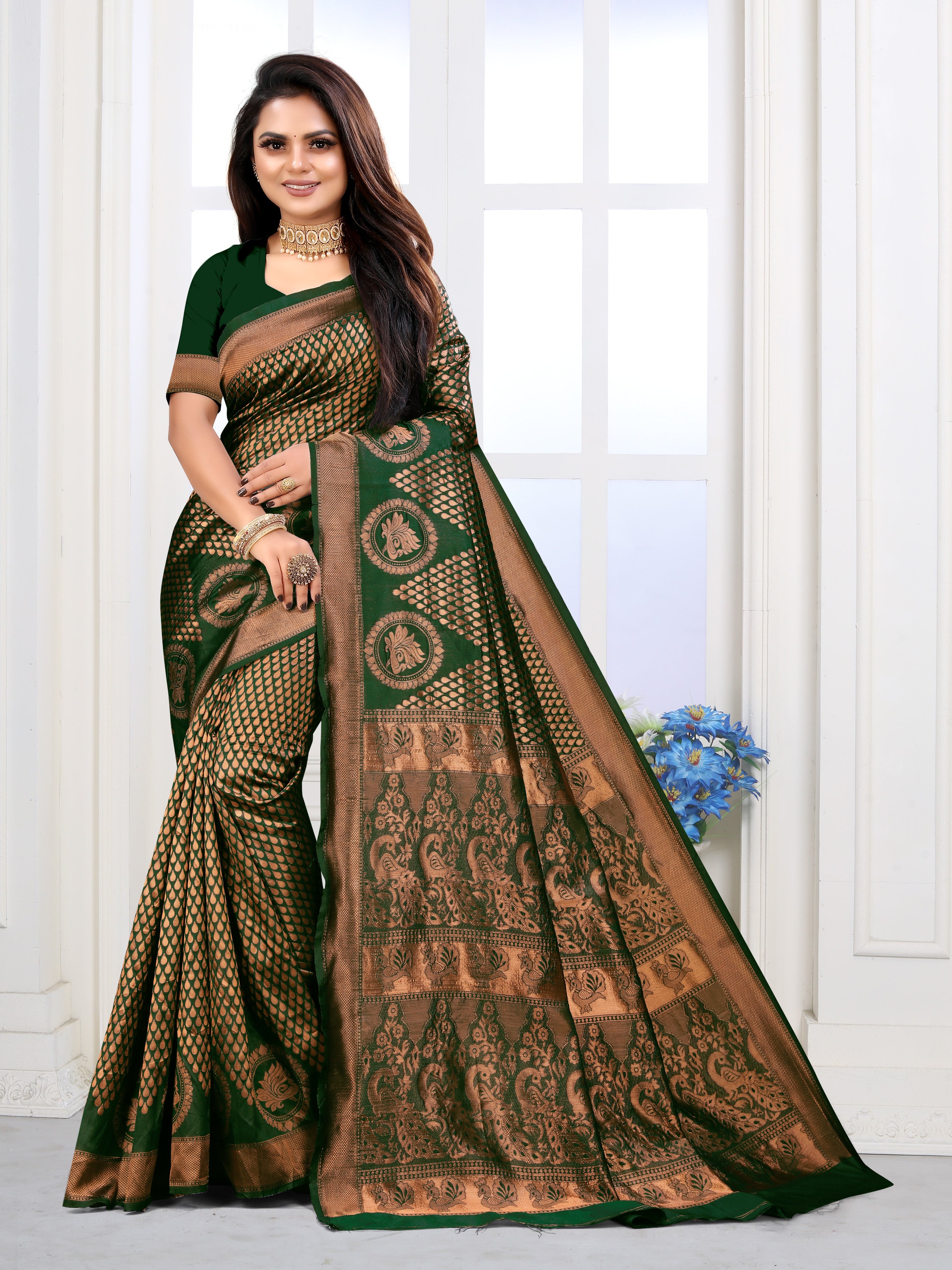 Vedant Vastram Litchi Silk Designer Banarasi Saree - Green - Distacart