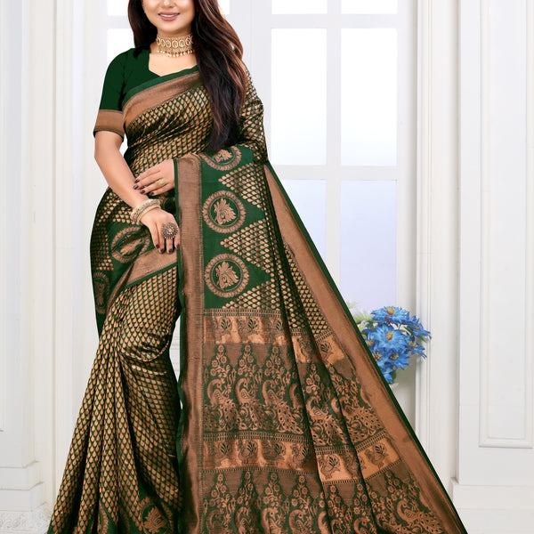 Vedant Vastram Litchi Silk Designer Banarasi Saree - Green - Distacart