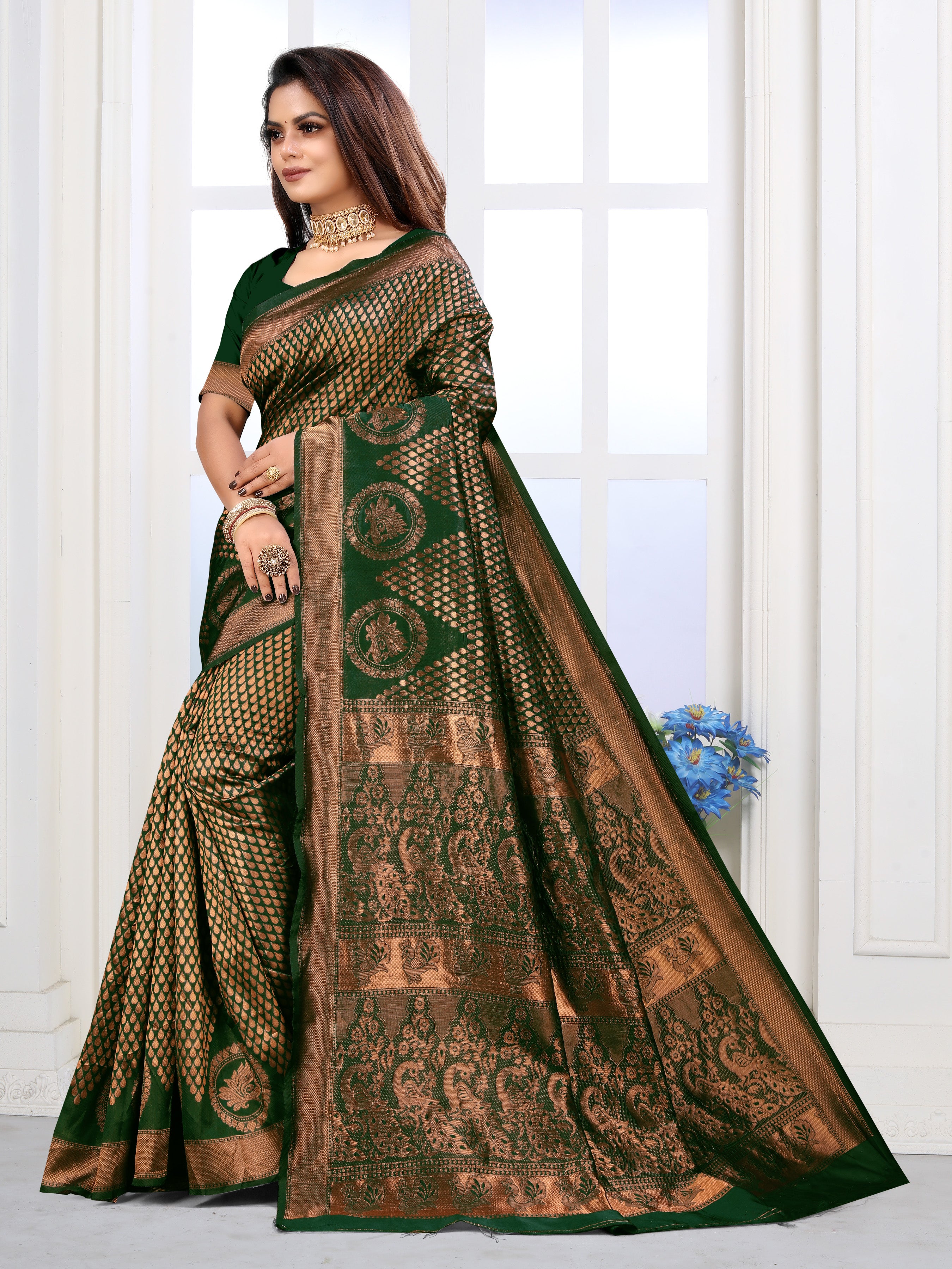 Vedant Vastram Litchi Silk Designer Banarasi Saree - Green - Distacart