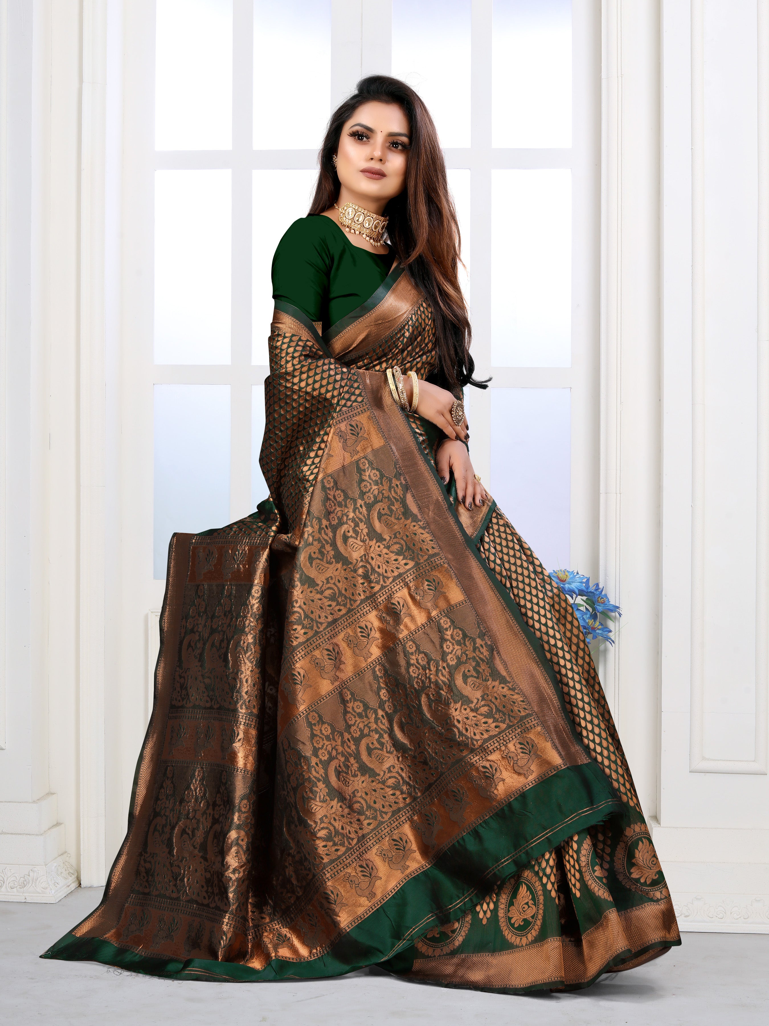 Vedant Vastram Litchi Silk Designer Banarasi Saree - Green - Distacart