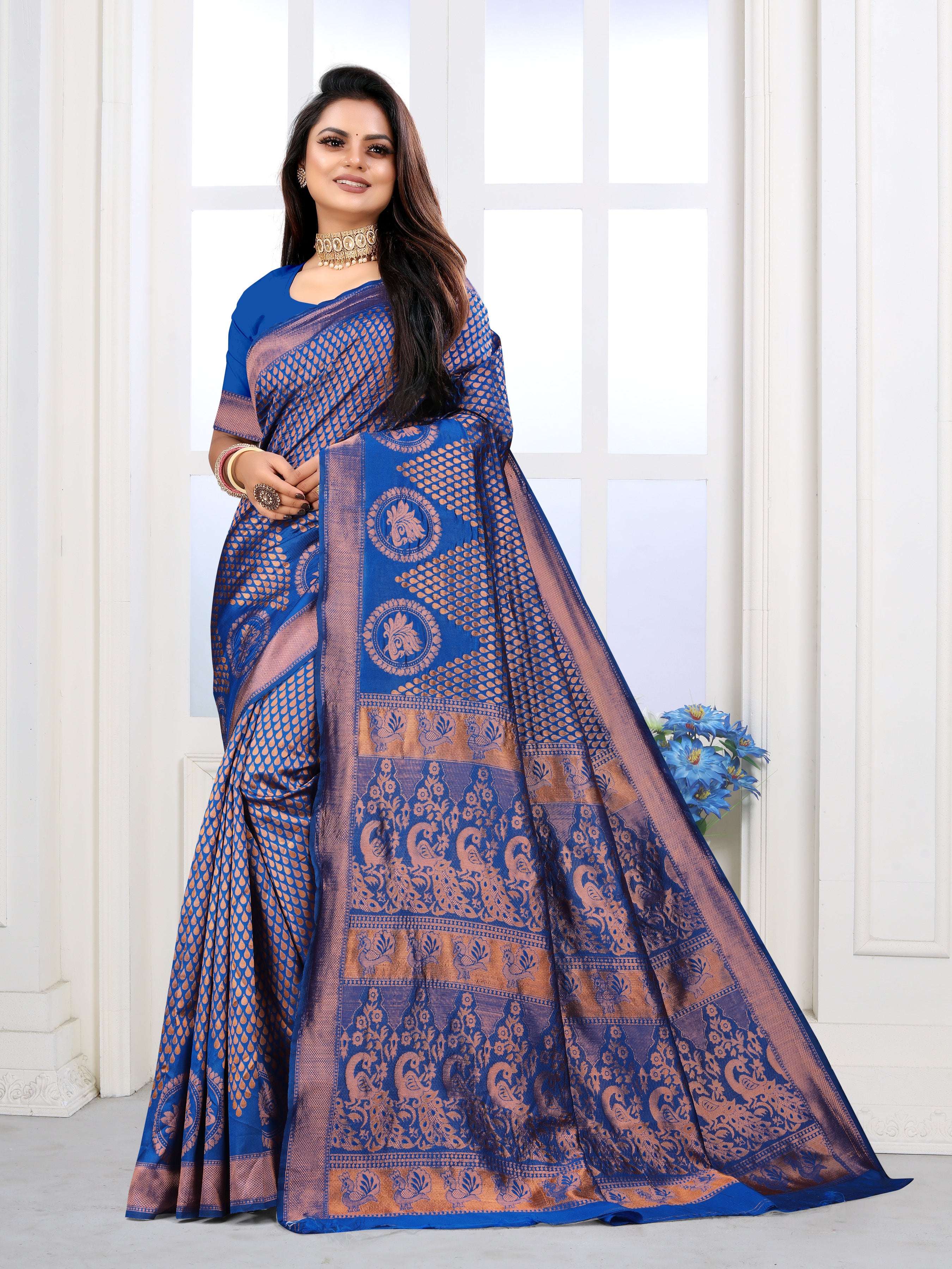 Vedant Vastram Litchi Silk Designer Banarasi Saree - Blue - Distacart