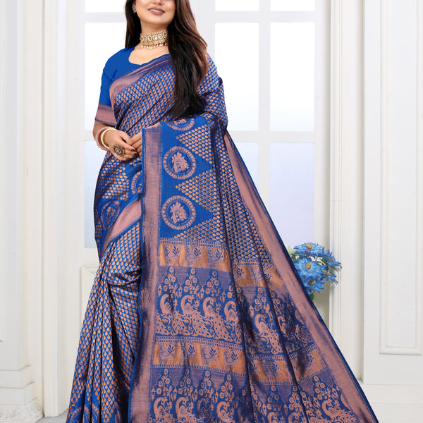 Vedant Vastram Litchi Silk Designer Banarasi Saree - Blue - Distacart