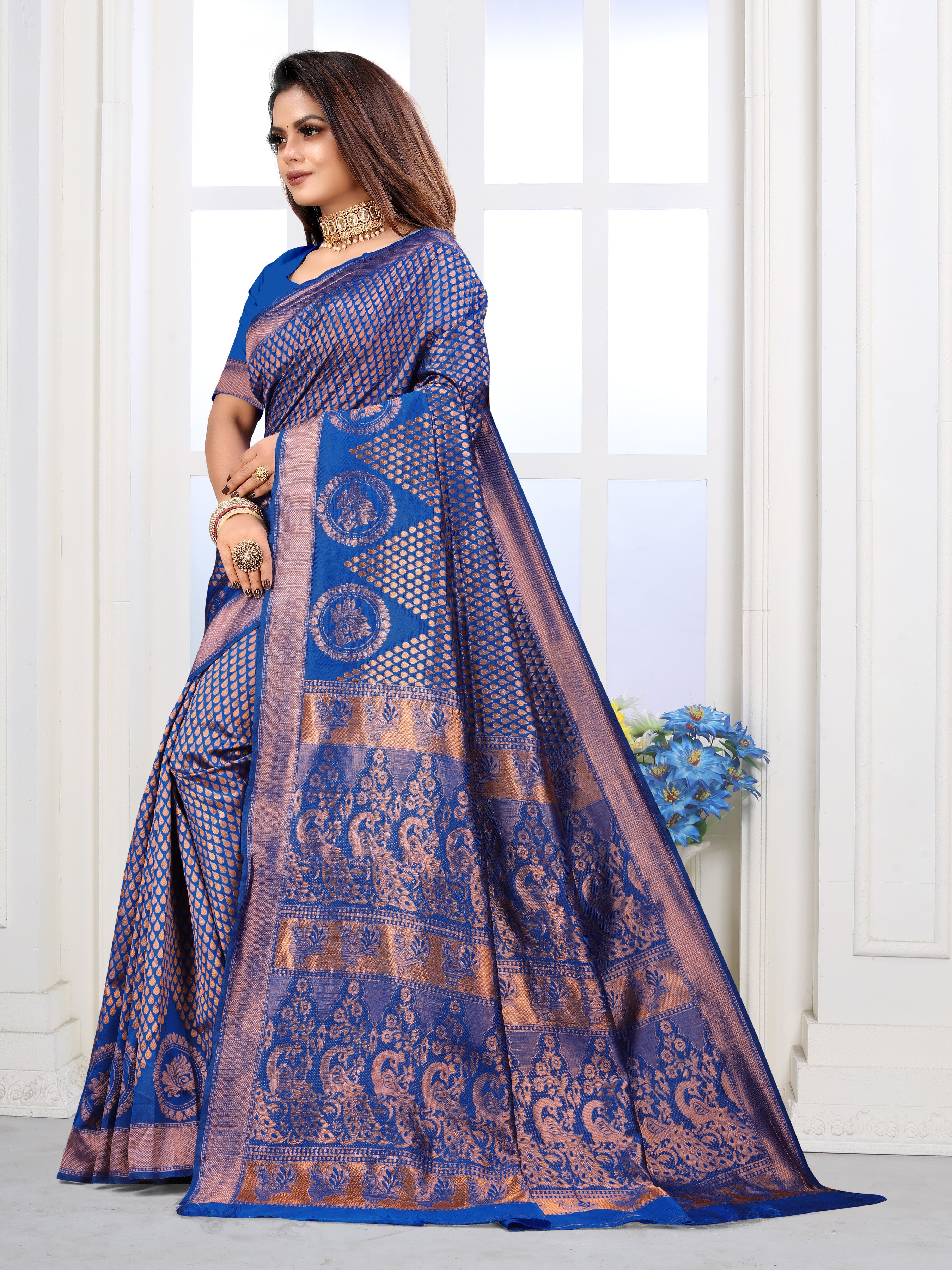 Vedant Vastram Litchi Silk Designer Banarasi Saree - Blue - Distacart
