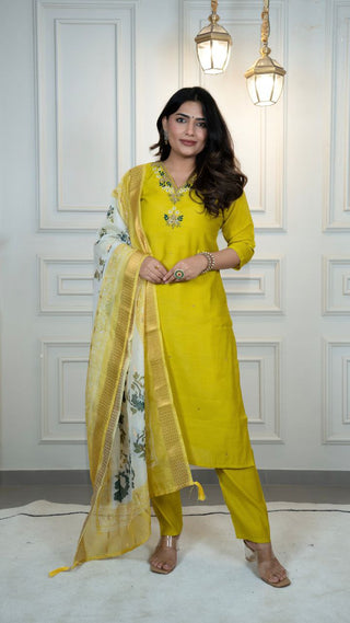 Lorenvalley Fashion Parotgreen Roman Silk Hand Work Kurta Pant with Dupatta