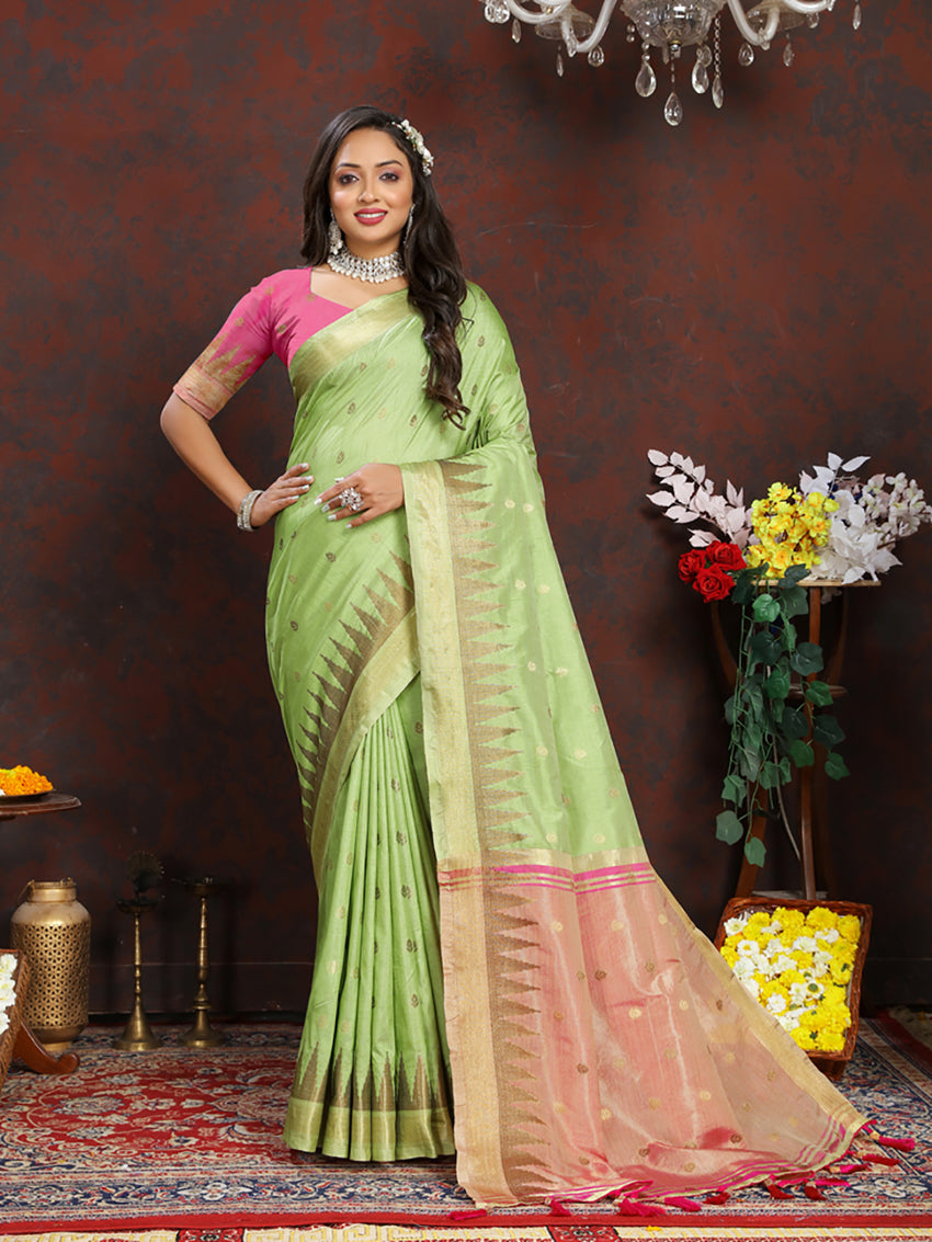 Lorenvalley Fashion Parotgreen Soft Katan Silk Woven Design Zari Weaving Pallu Saree - Distacart