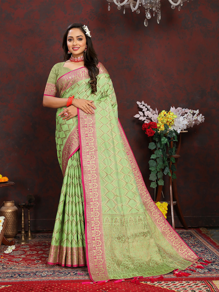 Lorenvalley Fashion Parotgreen Soft Katan Silk Woven Design Rich Zari Weaving Pallu Saree - Distacart