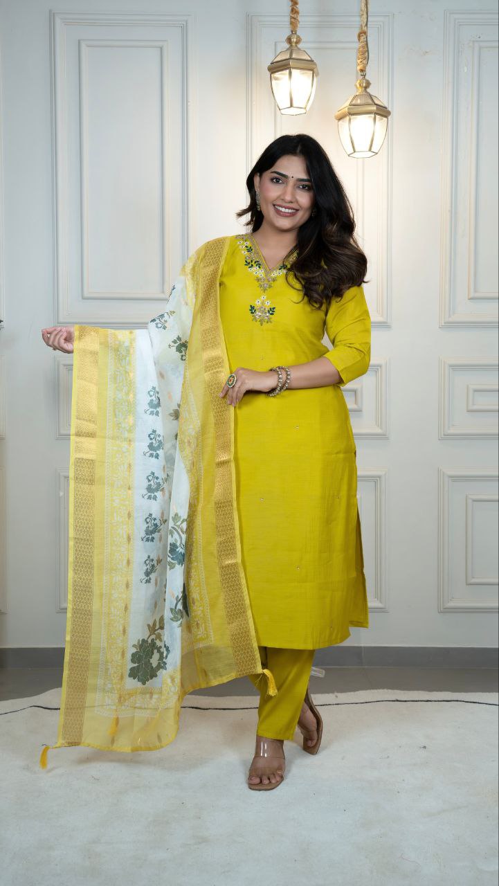 Lorenvalley Fashion Parotgreen Roman Silk Hand Work Kurta Pant with Dupatta