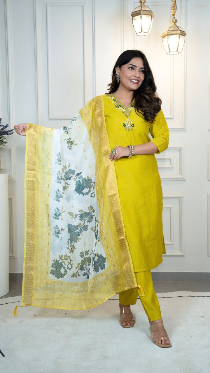 Lorenvalley Fashion Parotgreen Roman Silk Hand Work Kurta Pant with Dupatta