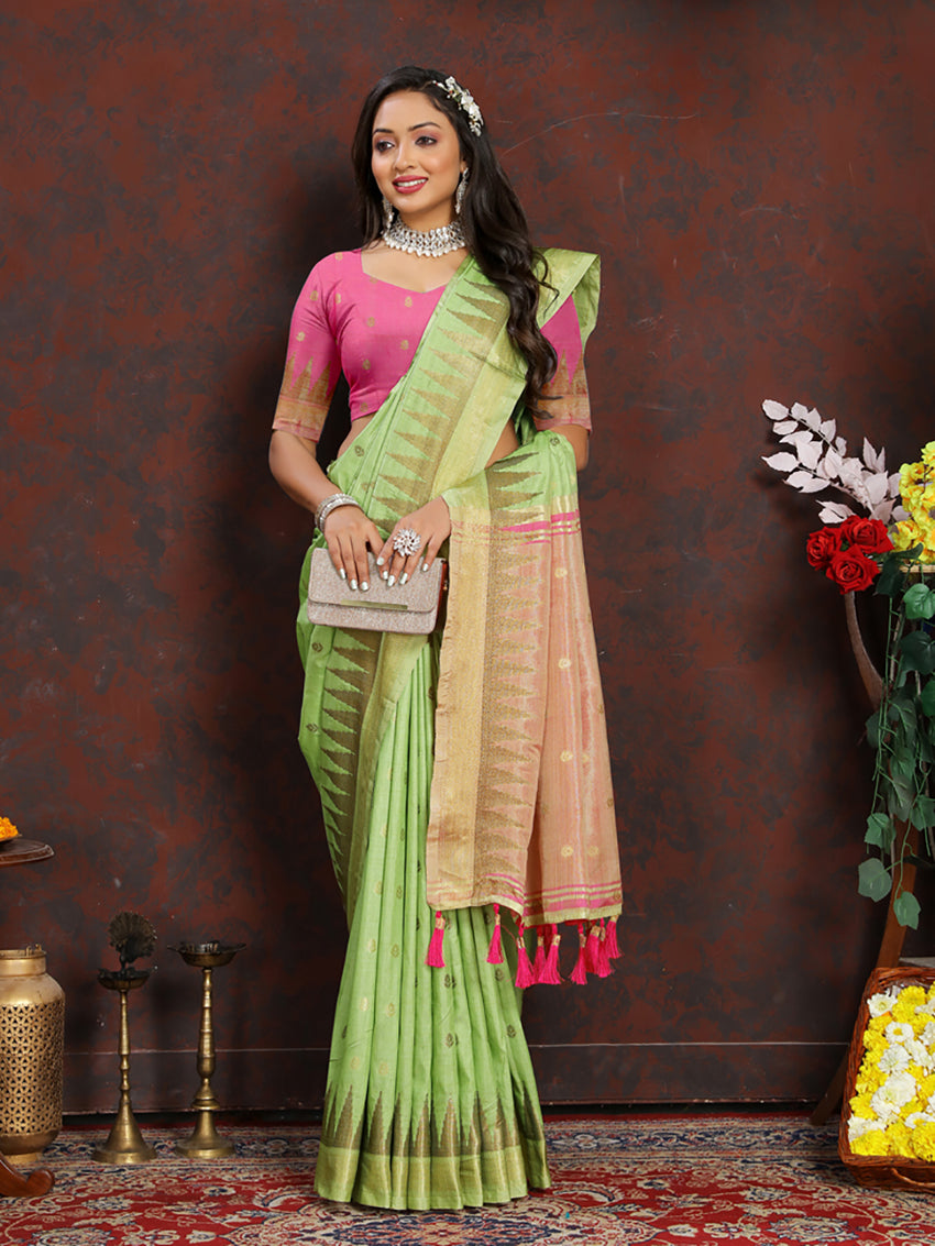 Lorenvalley Fashion Parotgreen Soft Katan Silk Woven Design Zari Weaving Pallu Saree - Distacart
