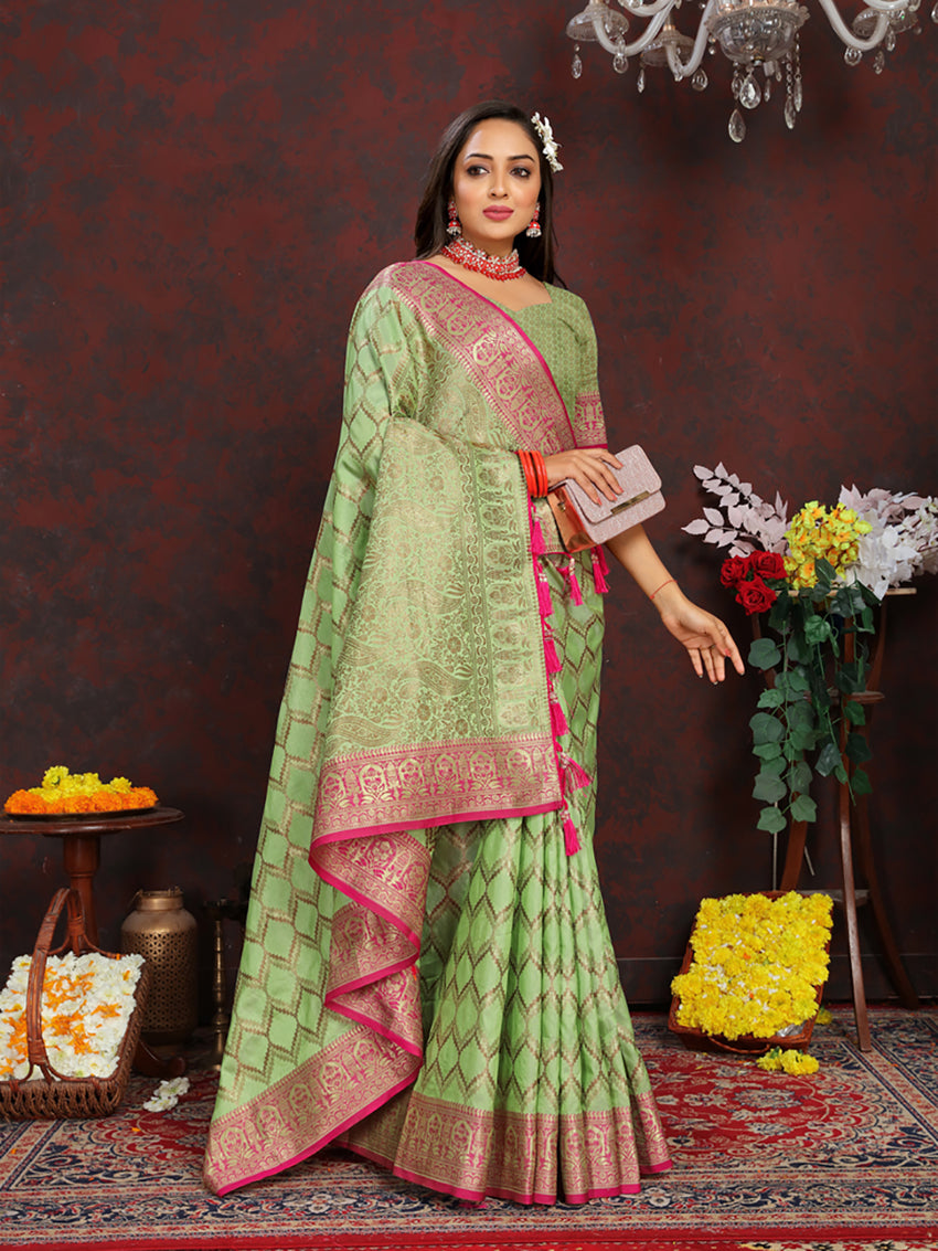 Lorenvalley Fashion Parotgreen Soft Katan Silk Woven Design Rich Zari Weaving Pallu Saree - Distacart
