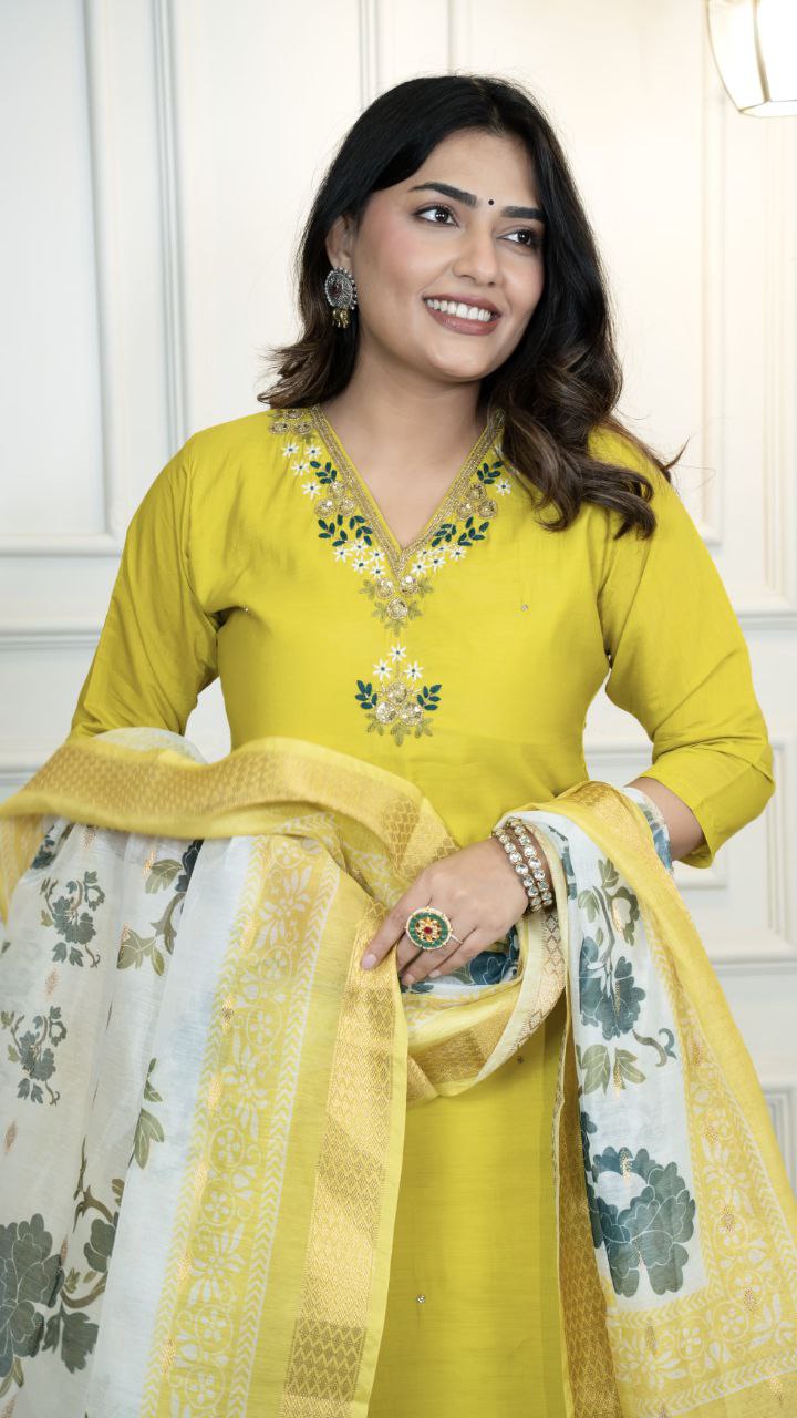 Lorenvalley Fashion Parotgreen Roman Silk Hand Work Kurta Pant with Dupatta
