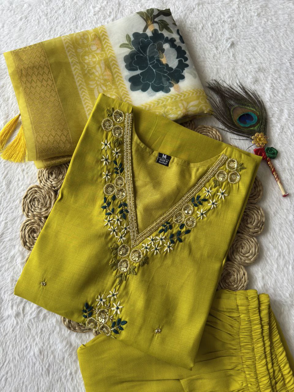 Lorenvalley Fashion Parotgreen Roman Silk Hand Work Kurta Pant with Dupatta