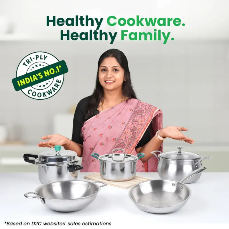 The Indus Valley TurboCuk Tri-ply Stainless Steel Cookware Set: 3L Kadai with Lid + 1.4L Fry Pan, Premium Quality, 3 Layer Thick Body, 100% Toxin-free, Non-stick, Induction & Gas