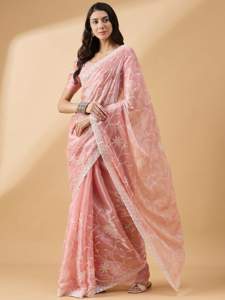 Peach Tissue Slub Embroidered Saree with Unstitched Blouse - Vairagi - Distacart