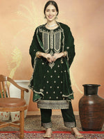 Thumbnail for Aastha Fashion Women's Green Velvet Cording with Resham Thread & Sequin Kurta with Trouser & Dupatta - Distacart