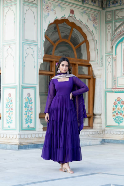 Aastha Fashion Women's Purple Faux Georgette 5 Layer Frill Work Anarkali Dress with Dupatta - Distacart