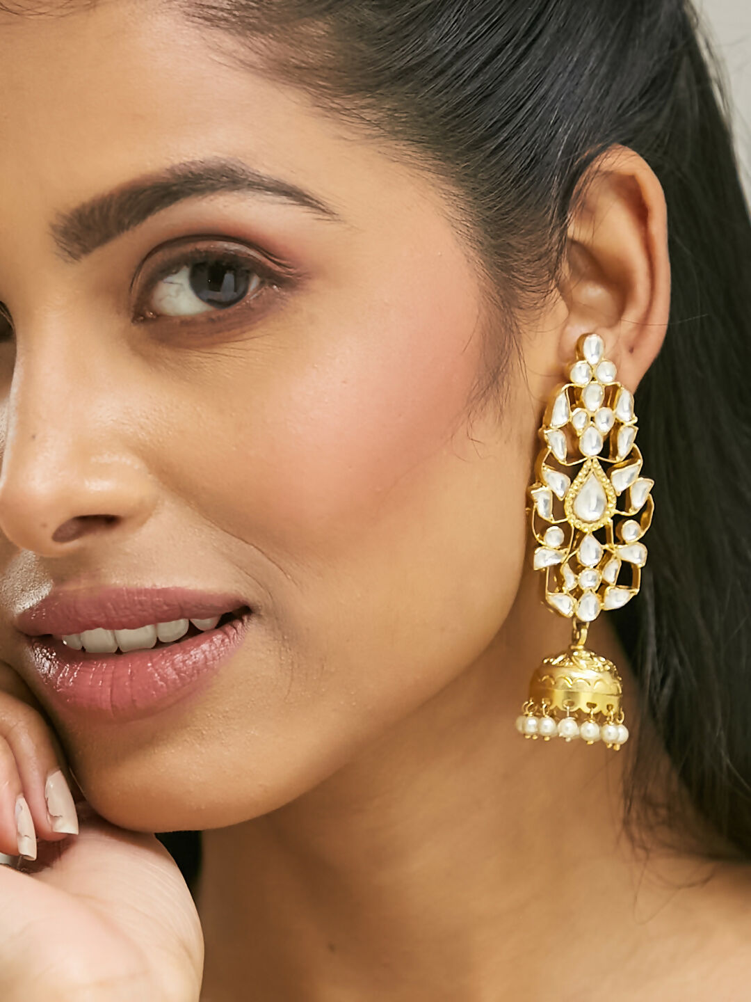 Nuyug 22K Gold-Plated Regal Kundan Stone Studded & Pearl Drop Jhumkas