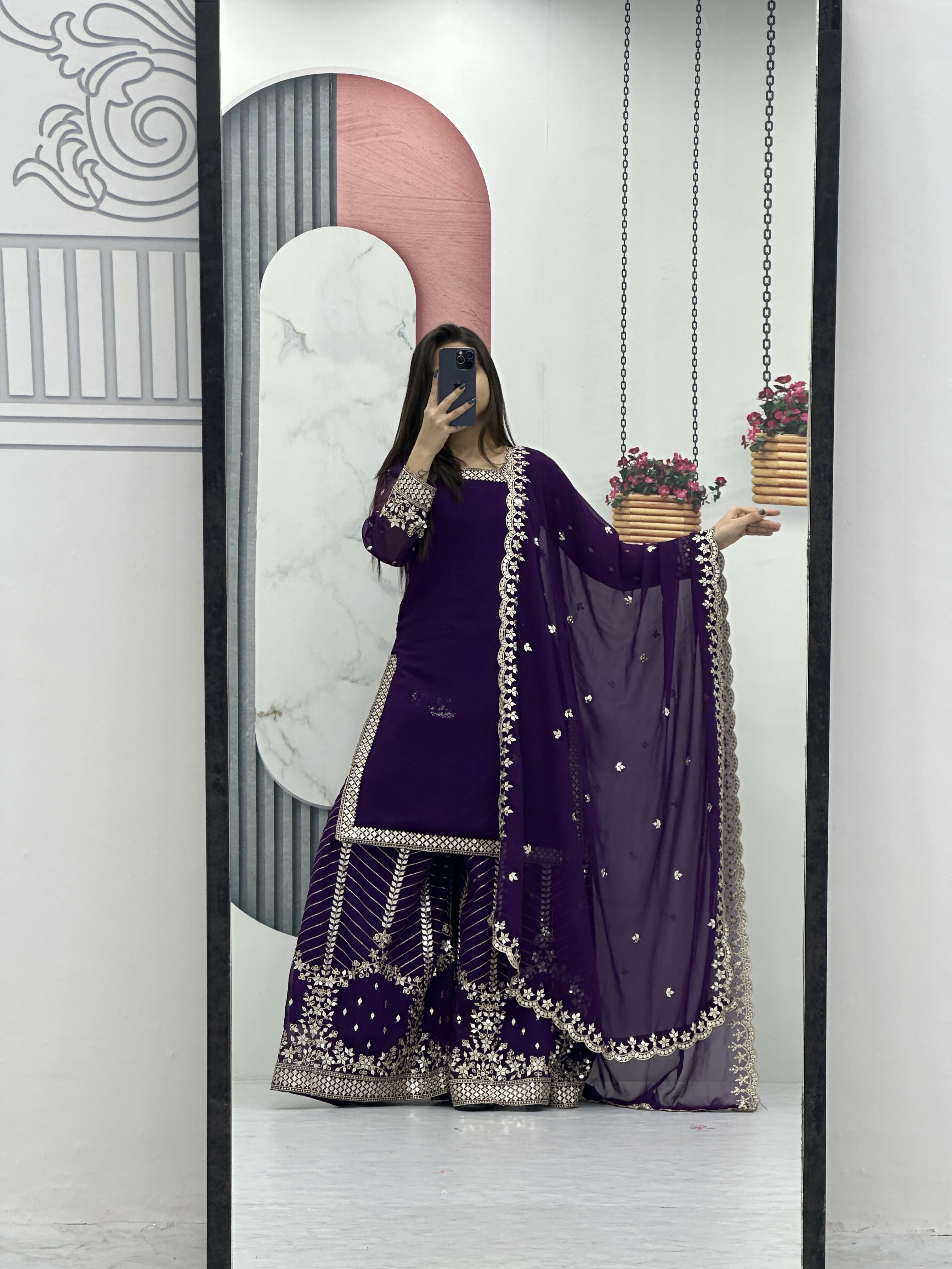 Teeya Creation Womens New Heavy Fox Georgette Fabric With Heavy Embroidery Work Purple Kurta Set - Dista