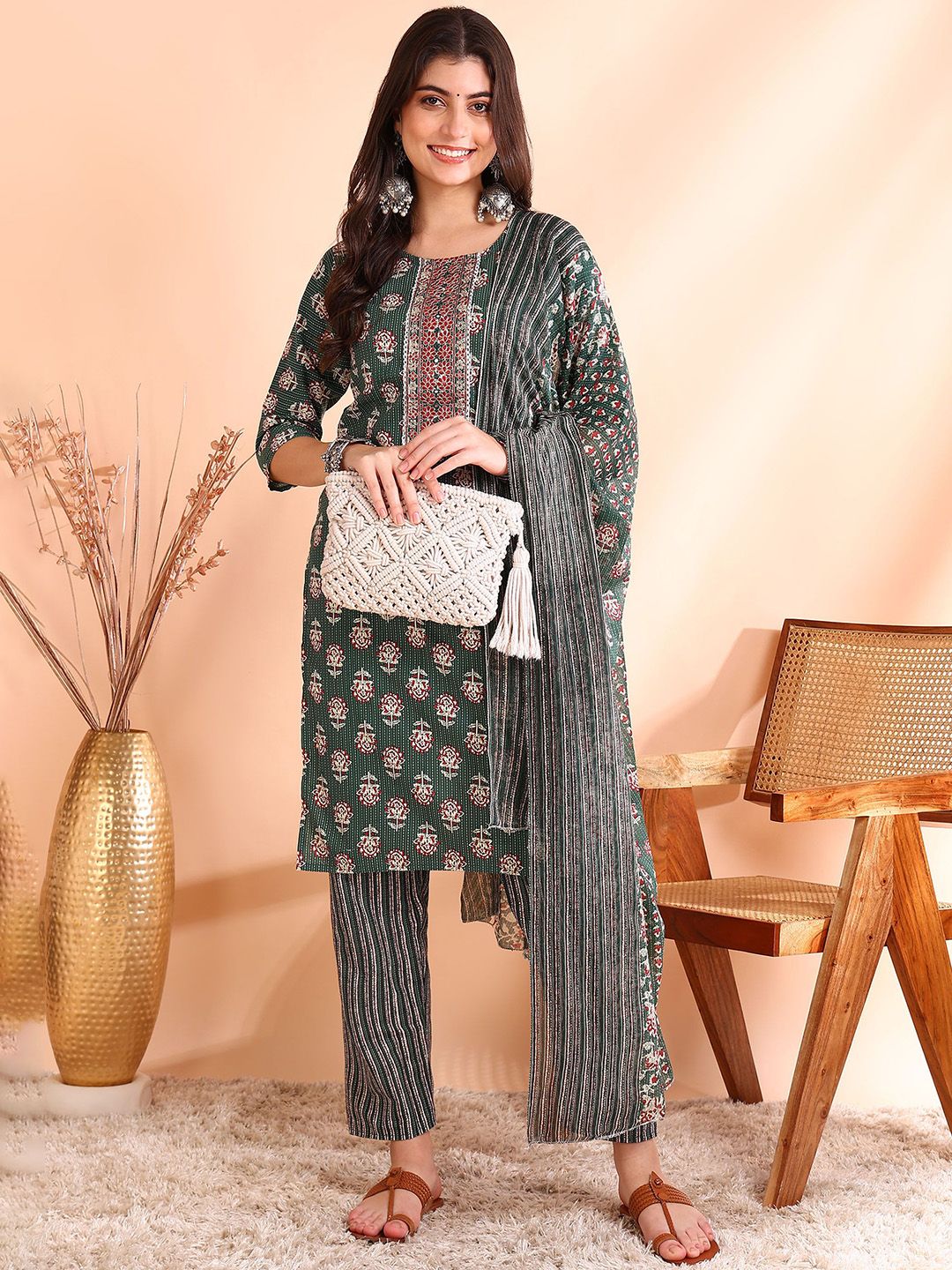 Ode by House of Pataudi Printed Mirror Work Pure Cotton Kurta With Trousers & Dupatta - Distacart