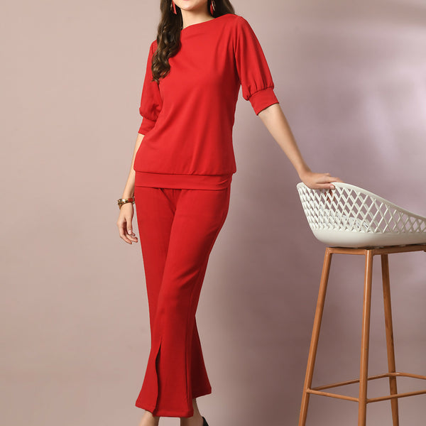 Myshka Women's Red Solid Boat Neck Party Top - Distacart