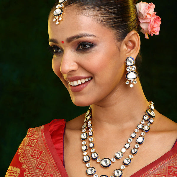 Ruby Raang 22k Gold Polished Blue Meenakari Kundan Layered Necklace With Earrings & Maang Tikka - Distacart