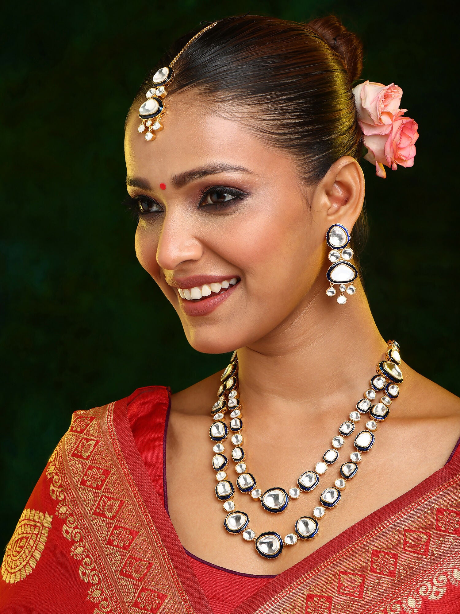 Ruby Raang 22k Gold Polished Blue Meenakari Kundan Layered Necklace With Earrings & Maang Tikka - Distacart