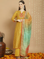 Thumbnail for Jyoti Fashion Women's Yellow Chanderi Silk Elegant Jardoshi Semi Kurta with Trouser & Dupatta - Distacart