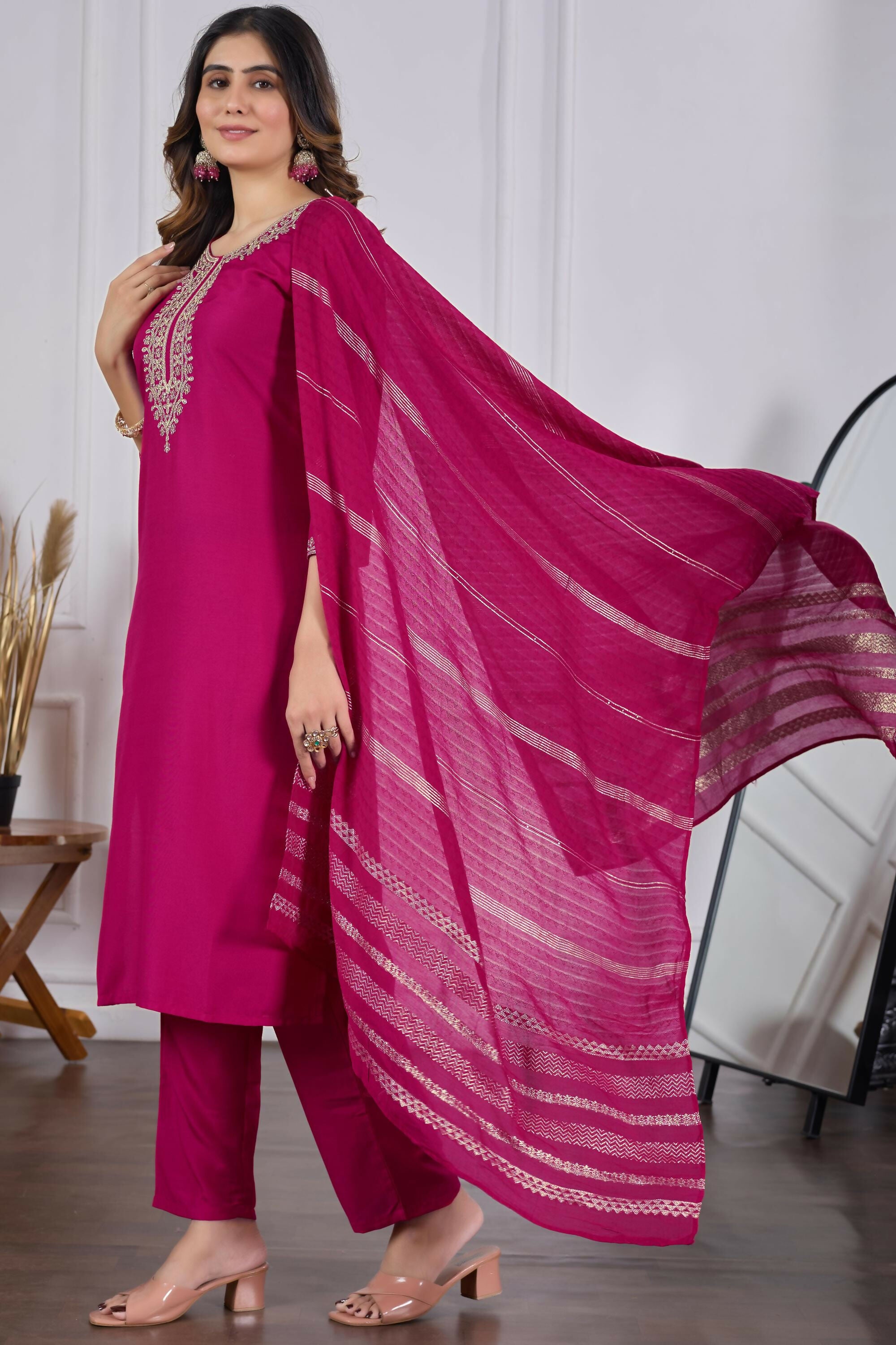 The52 Pink Women's Beautiful Embroidered Rayon Slub Fabric with Straight Kurta, Pant and Dupatta Set - Distacart