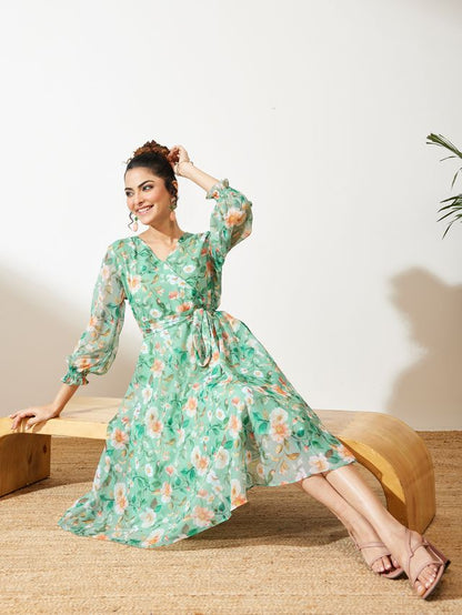 Janasya Mint Fit & Flare Chiffon Dress - Dista