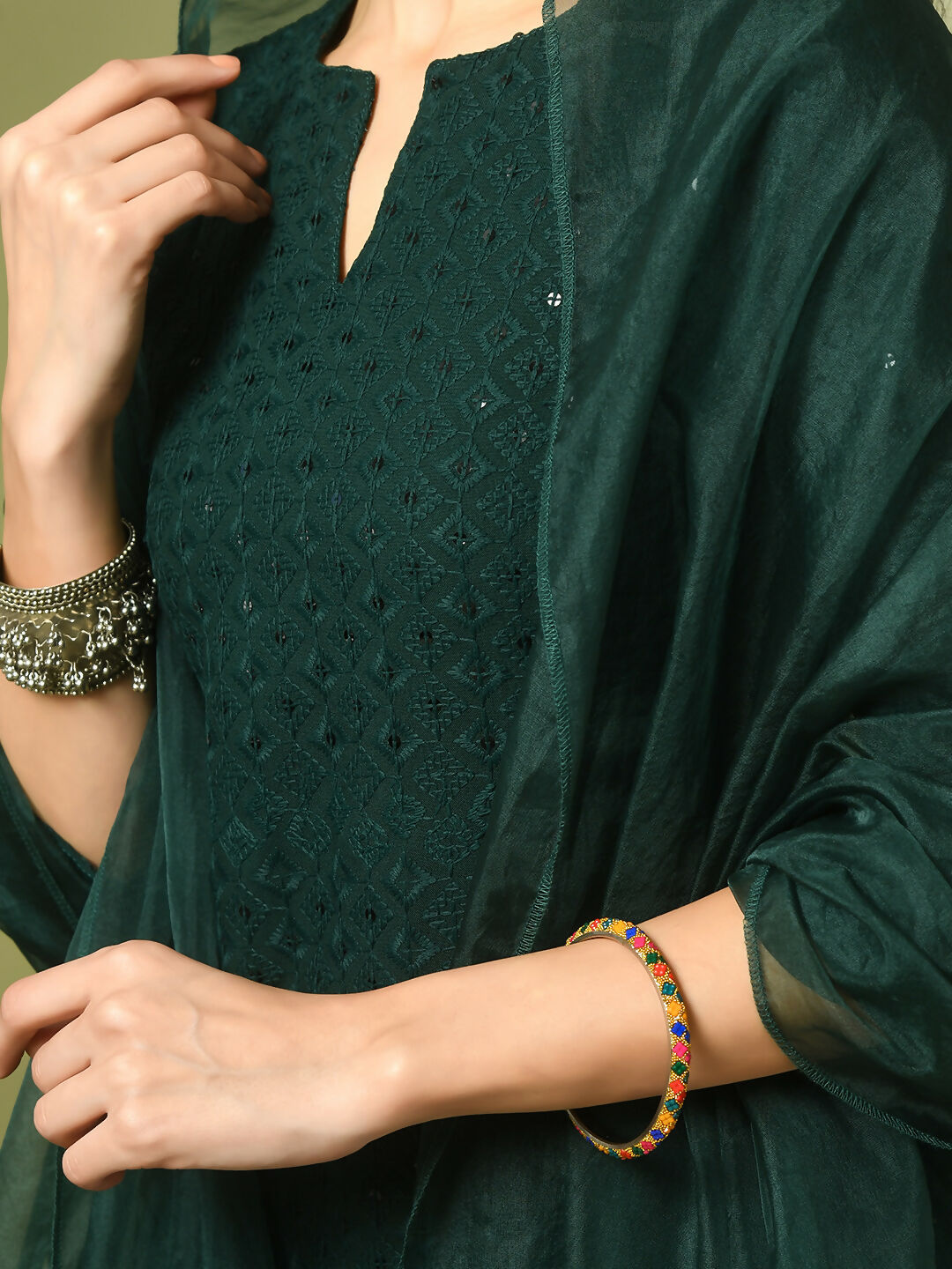 Myshka Women's Green Embroidered Cotton Straight Party Kurta Set With Dupatta - Distacart