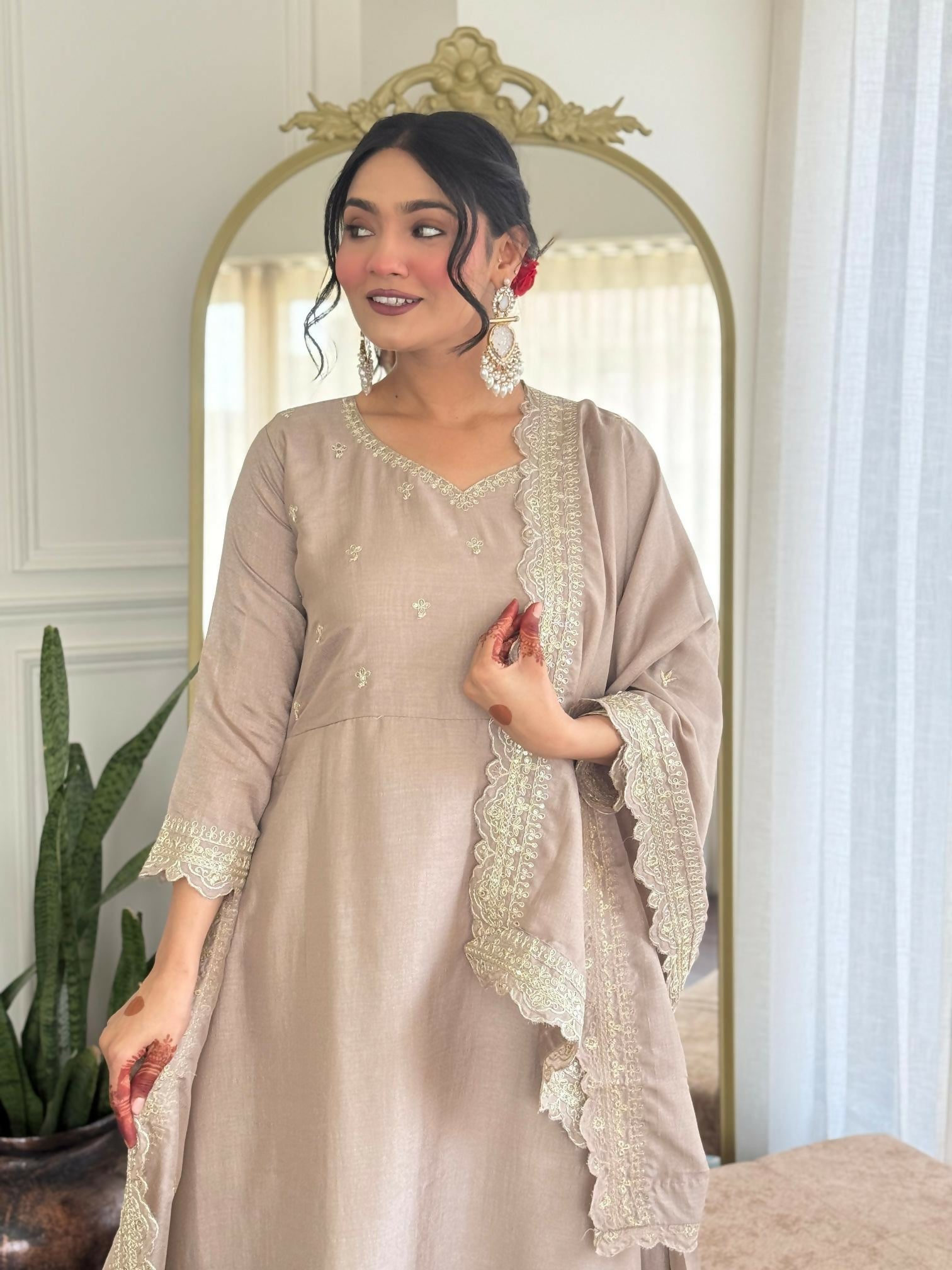 The52 CreamWomen's Gorgeous Vichitra Silk Fabric Embroidered Work Flared Anarkali Pant and Dupatta Set