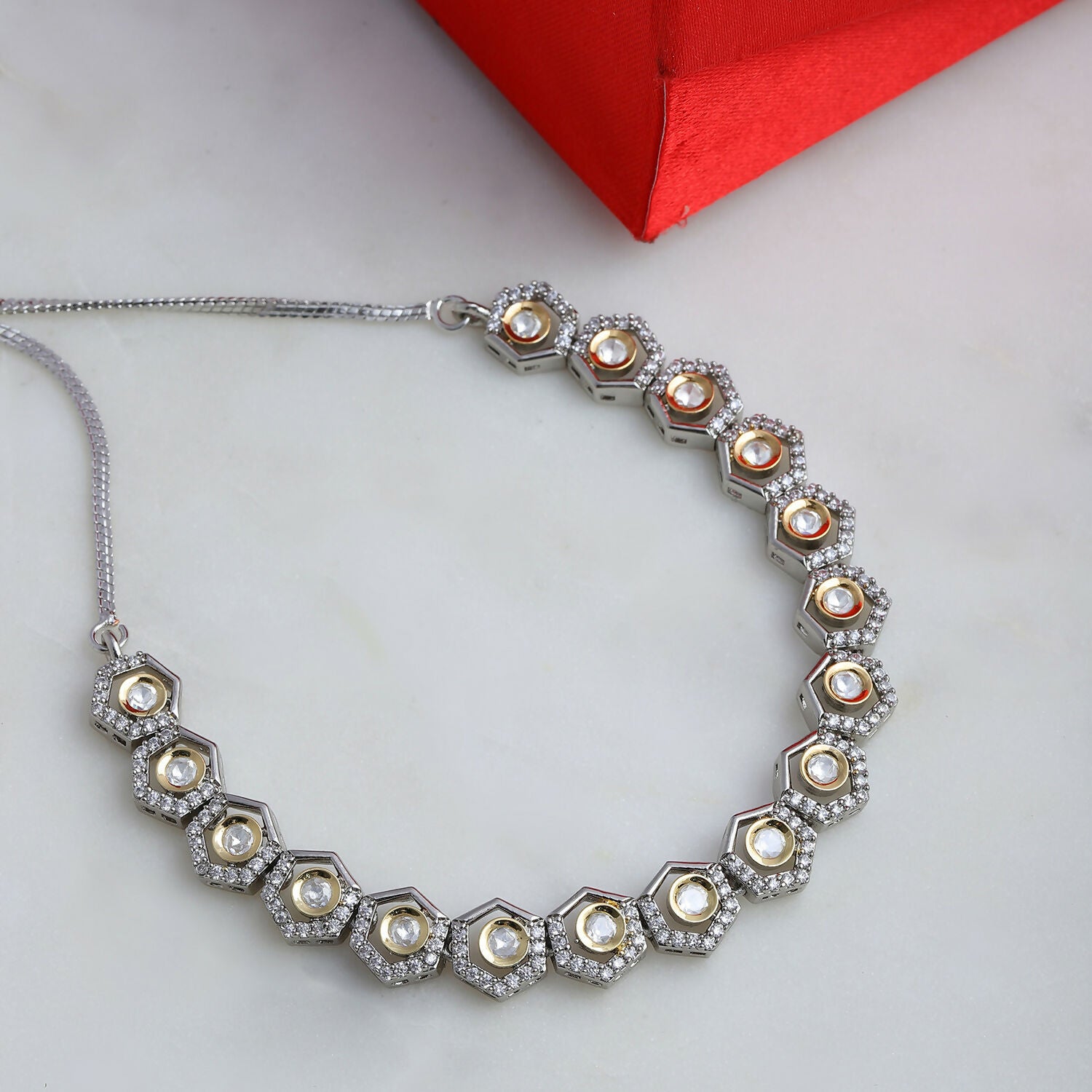 Dual Tone Gold and Silver Choker with American Diamonds and Kundan (Silver) - Ruby Raang - Distacart