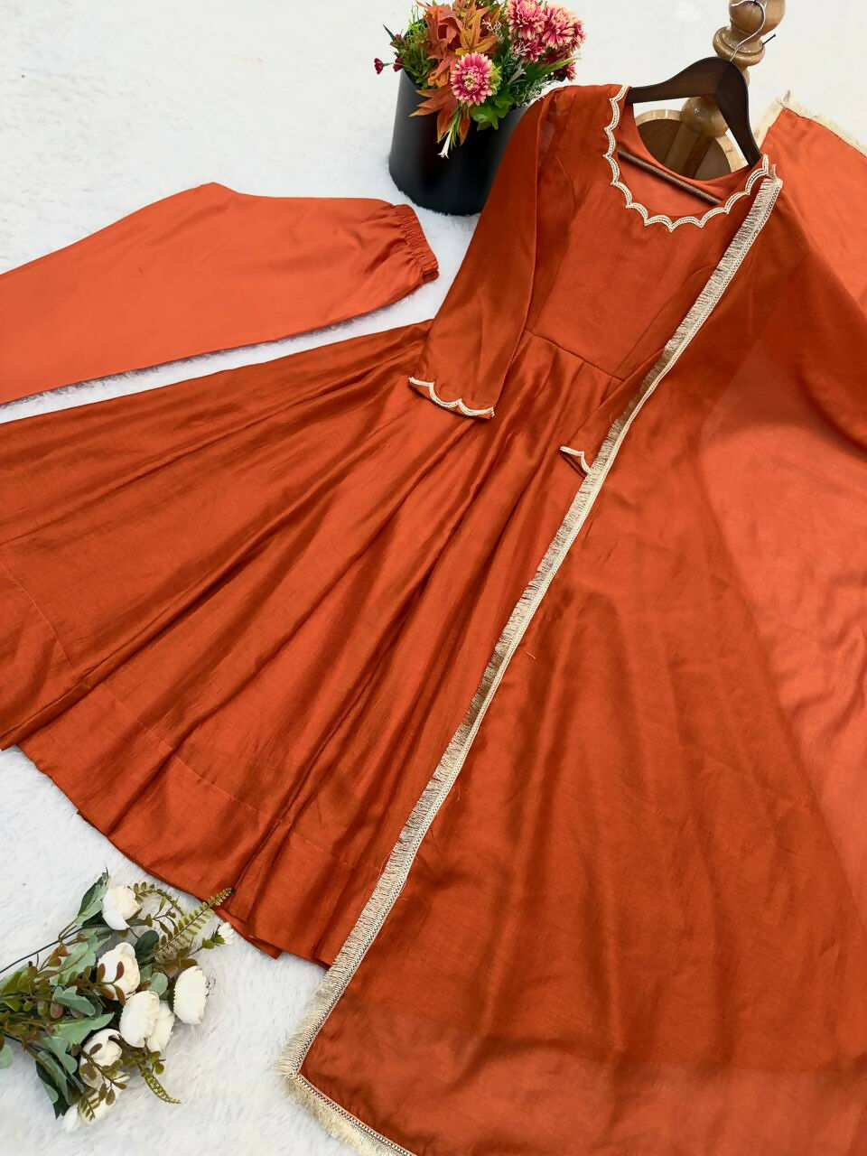 Teeya Creation Rust Orange Solid Anarkali Kurta With Pants And Dupatta Set - Dista