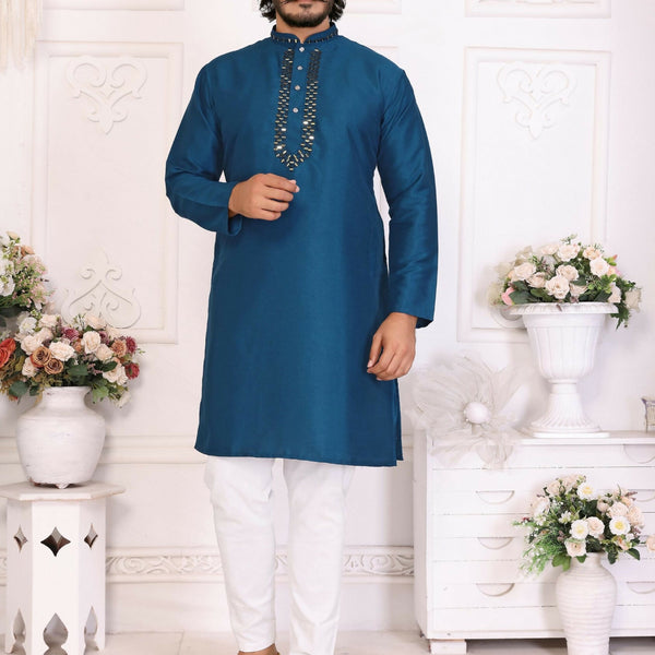 Anaita Teal Silk Straight Kurta With Neck Mirror Work - Distacart