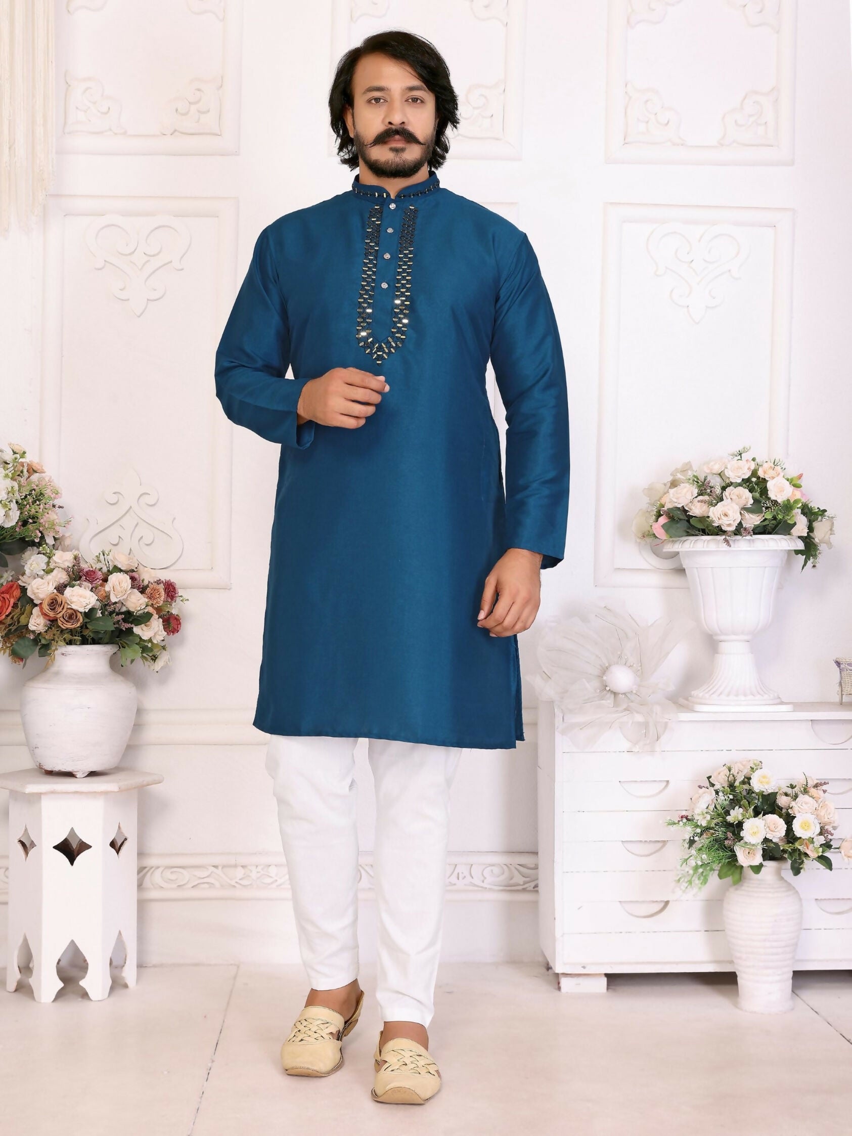 Anaita Teal Silk Straight Kurta With Neck Mirror Work - Distacart