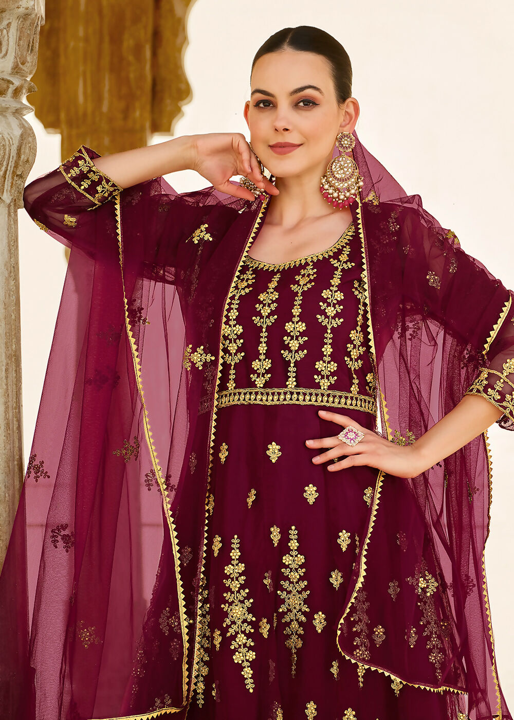 Heavy Stone Embroidered Wine Designer Anarkali Suit - Emponline - Distacart