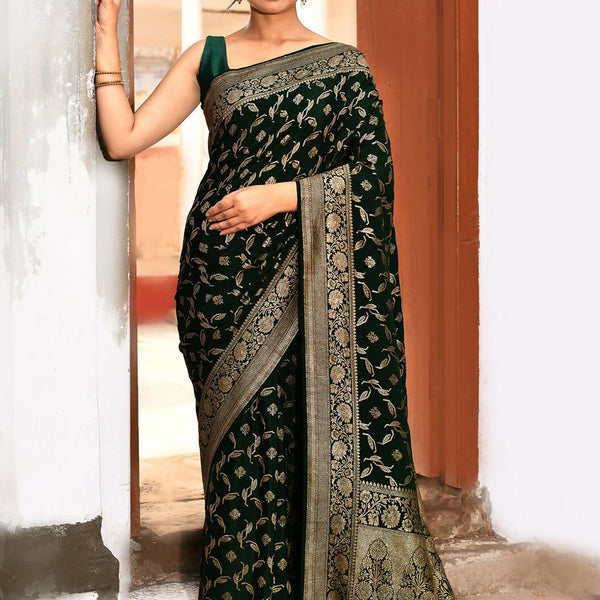 Joban Fashion Emerald Green Crepe Chiffon Pure Handloom Banarasi Silk Saree