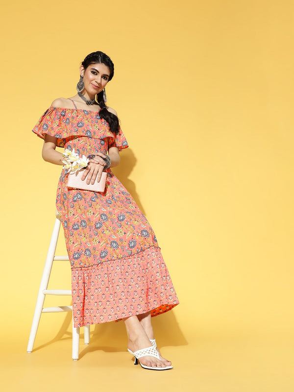 Yufta Peach-Coloured & Blue Floral Printed Dress