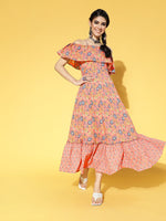 Thumbnail for Yufta Peach-Coloured & Blue Floral Printed Dress