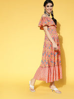 Thumbnail for Yufta Peach-Coloured & Blue Floral Printed Dress