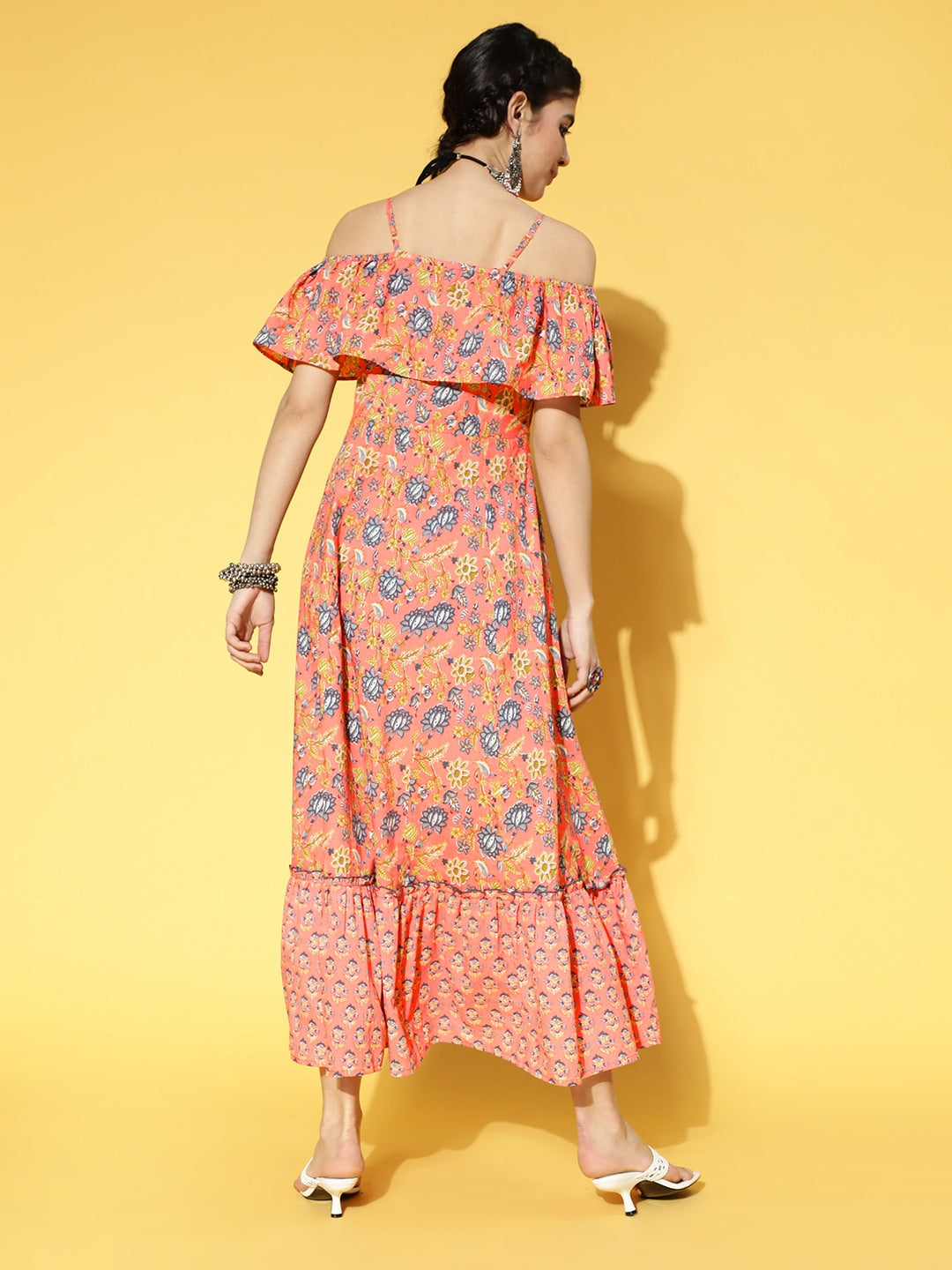 Yufta Peach-Coloured & Blue Floral Printed Dress