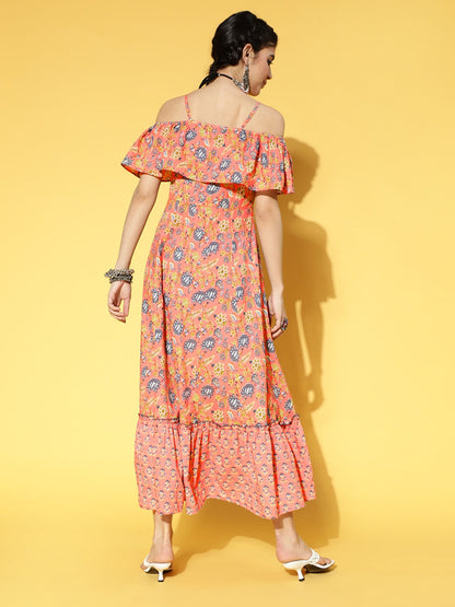 Yufta Peach-Coloured & Blue Floral Printed Dress - Distacart