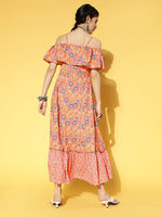 Thumbnail for Yufta Peach-Coloured & Blue Floral Printed Dress