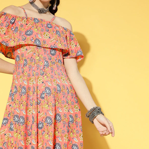 Yufta Peach-Coloured & Blue Floral Printed Dress - Distacart