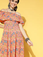 Thumbnail for Yufta Peach-Coloured & Blue Floral Printed Dress