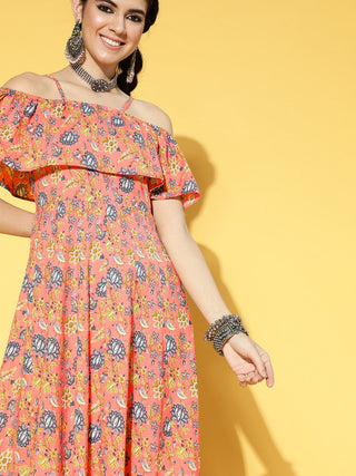 Yufta Peach-Coloured & Blue Floral Printed Dress - Distacart
