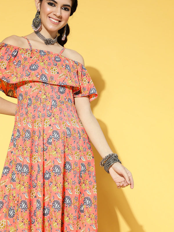 Yufta Peach-Coloured & Blue Floral Printed Dress