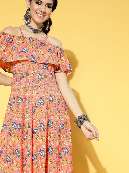Yufta Peach-Coloured & Blue Floral Printed Dress