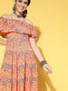 Yufta Peach-Coloured & Blue Floral Printed Dress - Distacart