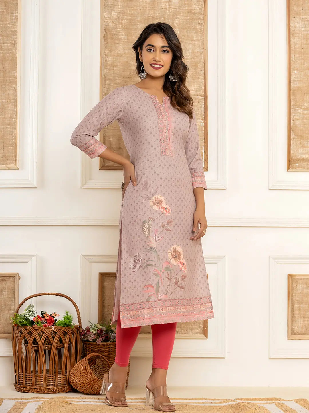 Yufta Peach Cotton A-Line Kurta With Digital Print - Distacart